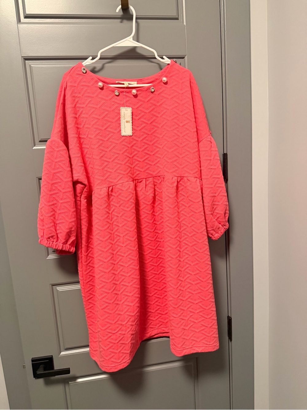 Simply Southern Pink Quilted Babydoll Dress with Pearl Accent XL NWT